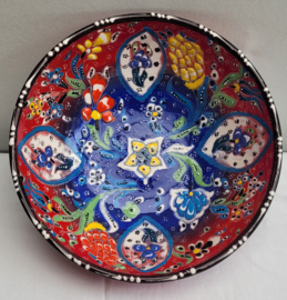 keramieken schaal 20cm rood/blauw + tulpen
