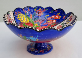 Keramieken schaal op voet 20cm blauw