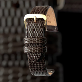 echt leer lizard print donker bruin zacht plat goudkleurige gesp