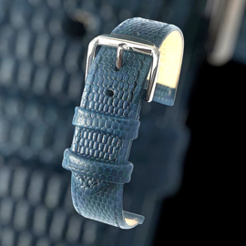 echt leer lizard print blauw zacht plat stalen gesp