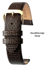echt leer lizard print donker bruin zacht plat goudkleurige gesp
