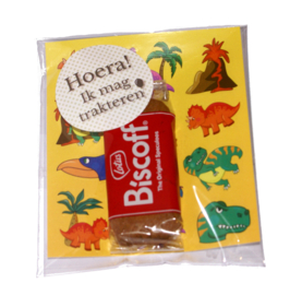 traktatiezakje Dino met rozijnen of Biscoff koekjes