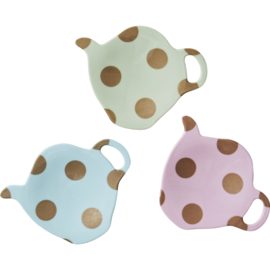 Rice melamine teabag holder w. gold polkadots, 3 assorti