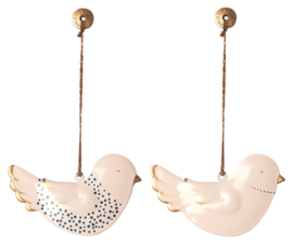 Maileg metal bird-hanger, white w. blue & gold, 2 assorti