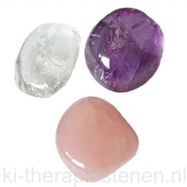 Gouden driehoek set, XL  Amethist, Bergkristal en Rozenkwarts