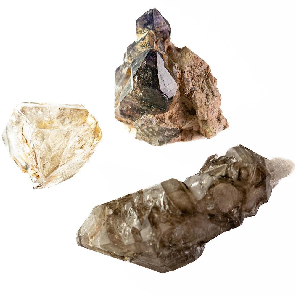 BRANDBERG  Elestiaal (floater)- Rookkwarts- Amethist SET van 3x