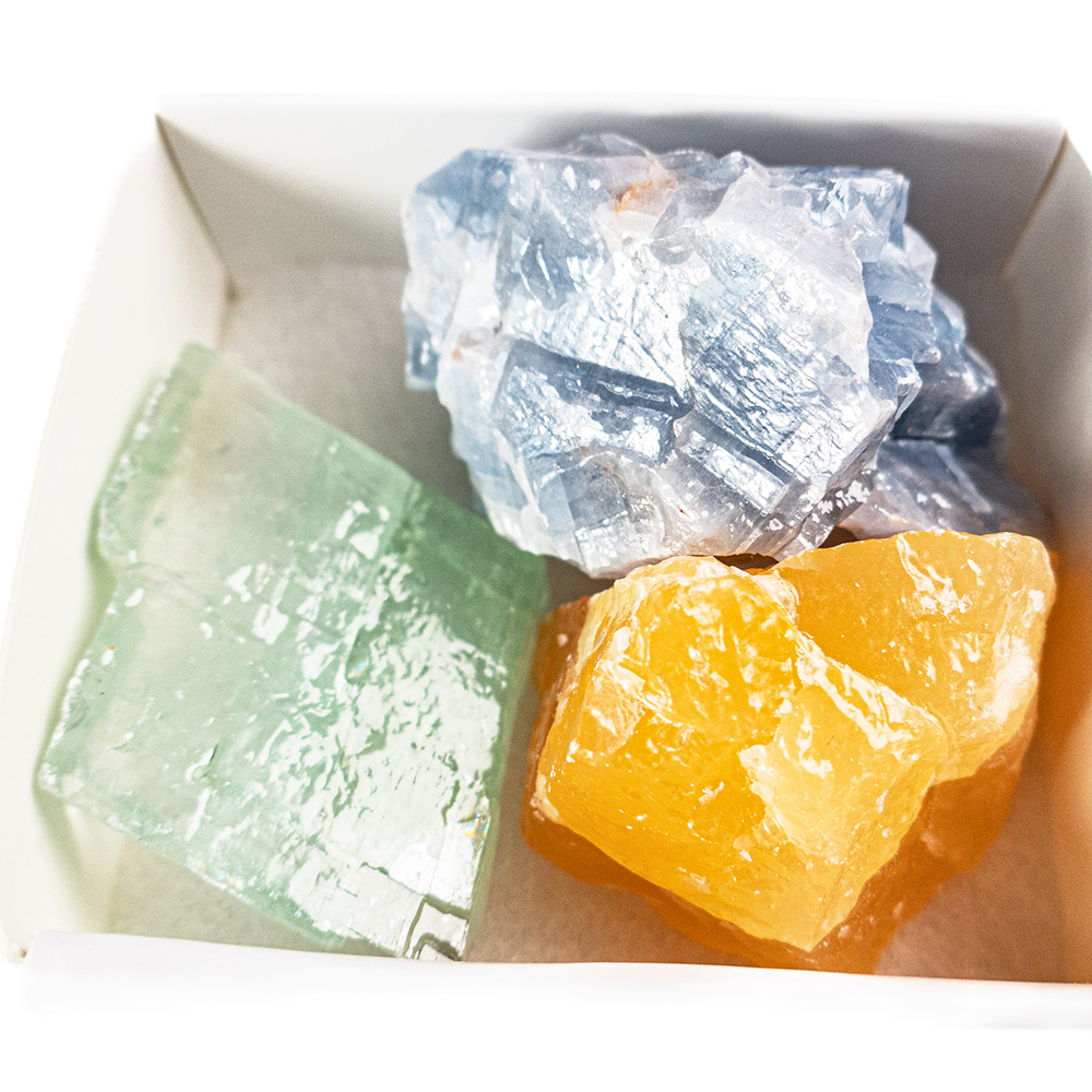 Calciet SET,  Blauw, Groen, Oranje Calciet,  ruw  p.st.*