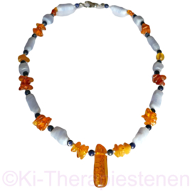 Chalcedoon-Barnsteen-Sodaliet blauw 'Flow' ketting 1x uniek ex.