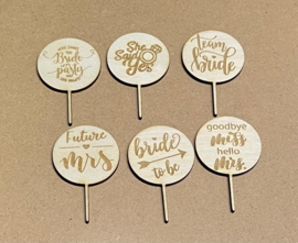 Vrijgezellenfeest - team bride - Cupcake toppers - hout - set van 6