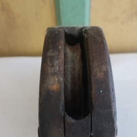 Katrol met haak oud hout en metaal 28,5 cm