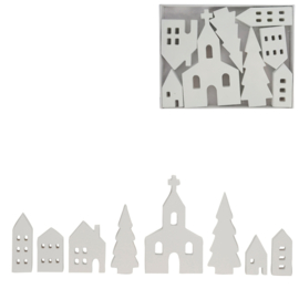 Kerst-/winterdorp van hout – wit minimalistisch design (set van 8)