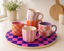 Rond plateau / serveerplank – multiplex – Ø 30 cm - blauw roze ruitjes