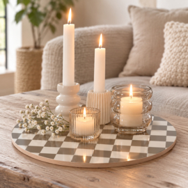 Rond plateau / serveerplank – multiplex – Ø 30 cm - taupe wit ruitjes