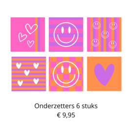 Set 6 onderzetters roze oranje paars