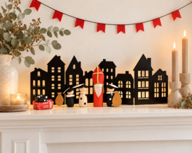 Rij houten huisjes zwart – sfeervolle raamdecoratie (38 x 13 cm)