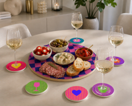 Rond plateau / serveerplank – multiplex – Ø 30 cm - blauw roze ruitjes