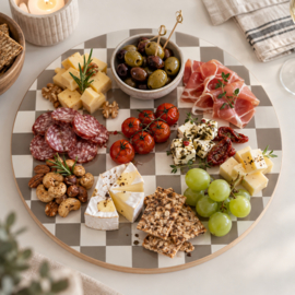 Rond plateau / serveerplank – multiplex – Ø 30 cm - taupe wit ruitjes