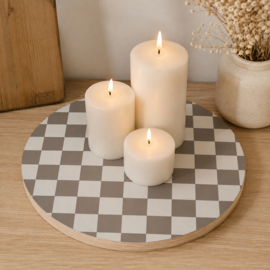 Rond plateau / serveerplank – multiplex – Ø 30 cm - taupe wit ruitjes