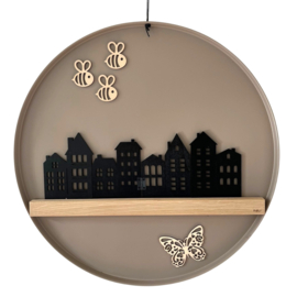 Rij houten huisjes zwart – sfeervolle raamdecoratie (38 x 13 cm)