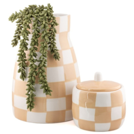 Aardewerk Vaas – Beige/Wit Geblokt – 16 x 16 x 23 cm
