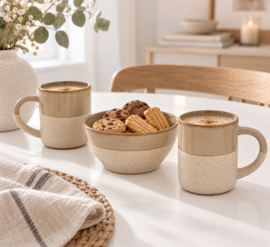 Witte en beige kom met oor – Steengoed – 30 cl – Ø 11,2 cm – H 5,5 cm