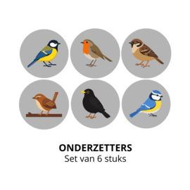 Set van 6 ronde onderzetters met vogelprint
