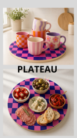 Rond plateau / serveerplank – multiplex – Ø 30 cm - blauw roze ruitjes