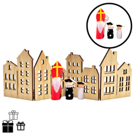 Rij houten huisjes – sfeervolle raamdecoratie (38 x 13 cm)