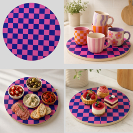 Rond plateau / serveerplank – multiplex – Ø 30 cm - blauw roze ruitjes