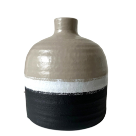 Unieke aardewerken kruik 15cm - zwart beige grijs