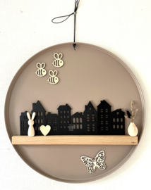 Rij houten huisjes zwart – sfeervolle raamdecoratie (38 x 13 cm)