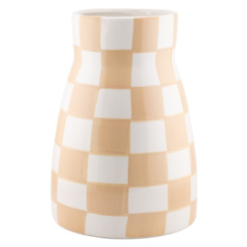Aardewerk Vaas – Beige/Wit Geblokt – 16 x 16 x 23 cm