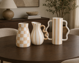 Aardewerk Vaas – Beige/Wit Geblokt – 16 x 16 x 23 cm