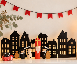 Rij houten huisjes zwart – sfeervolle raamdecoratie (38 x 13 cm)