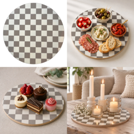 Rond plateau / serveerplank – multiplex – Ø 30 cm - taupe wit ruitjes