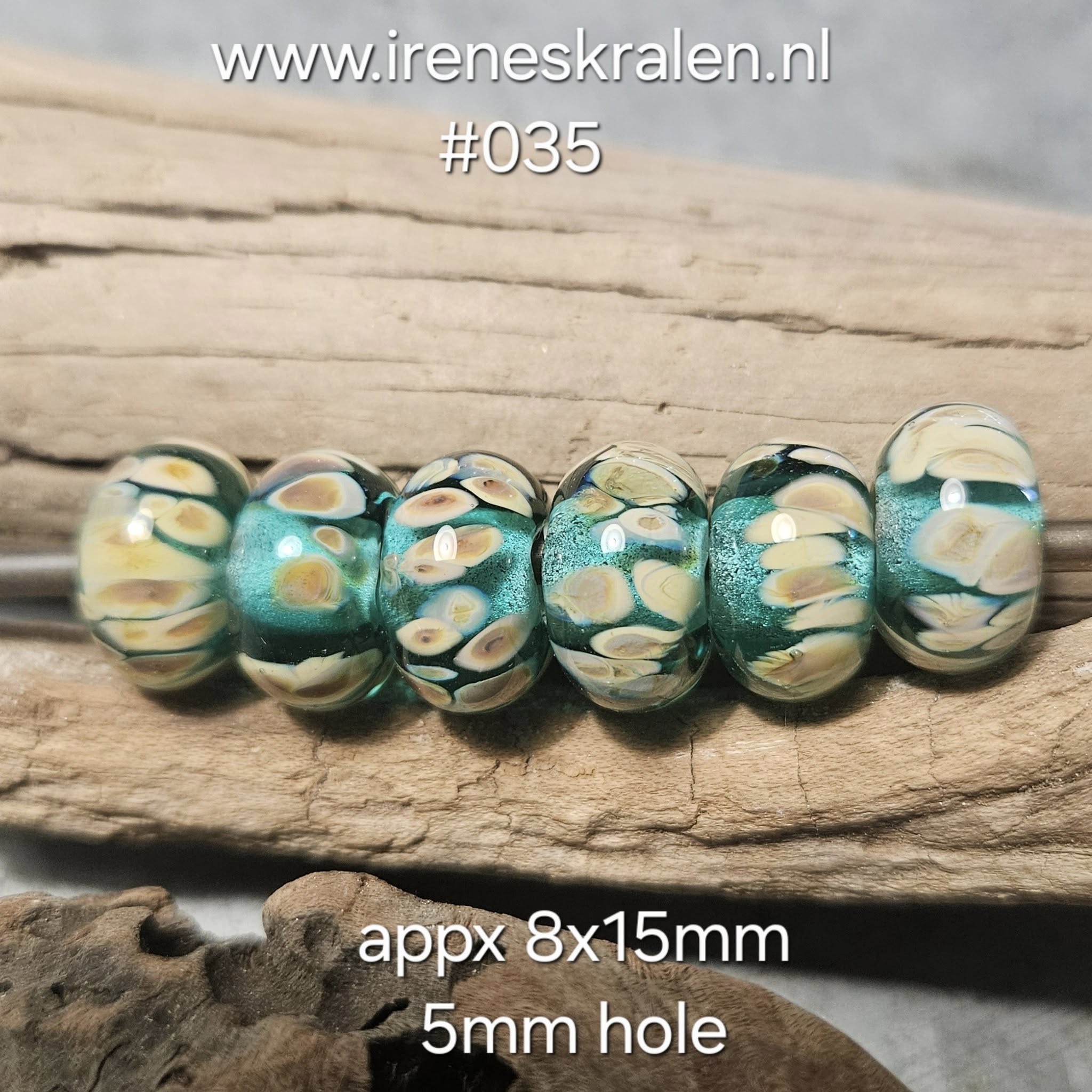 IKOC0036: Set van 6x GrootGatKraal Teal & Raku, ca 8x15mm (5mm gat)