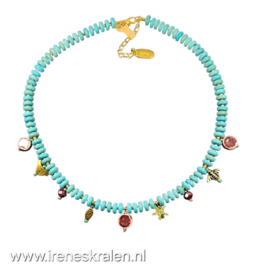 TU0057: Turquoise schijfjes-ketting met bedels