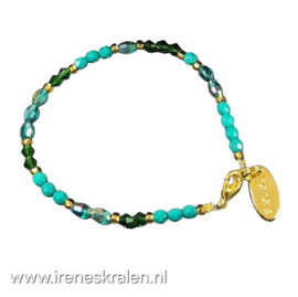 TU0001: Armband Teal/Groen glas facet kraaltjes, ca 19cm