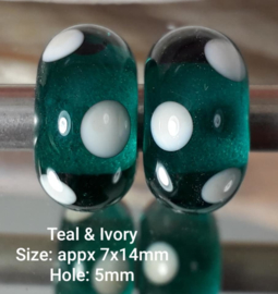 IKOC0032: Set van 2x GrootGatKraal, Teal Dots, ca 7x14mm