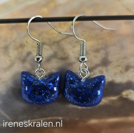 BL0040: Oorbellen voor kids: KattenKopjes Blauw Glitter