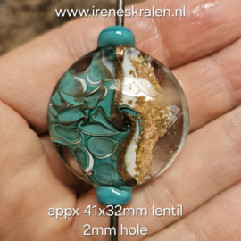 TU0087: Grote lentil Petrol/Aventurijn/Goudvlokken, ca 41x32mm