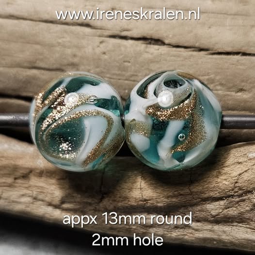 IKOC0013: DuoSet DarkAqua/Aventurijn swirls rond, ca 13mm