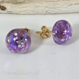 PRS 0606: Oorbellen stekertjes Paars glittertjes resin