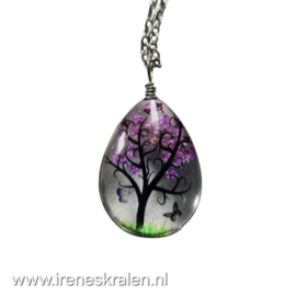 PRS 0003: RVS Ketting met glashanger boom paars