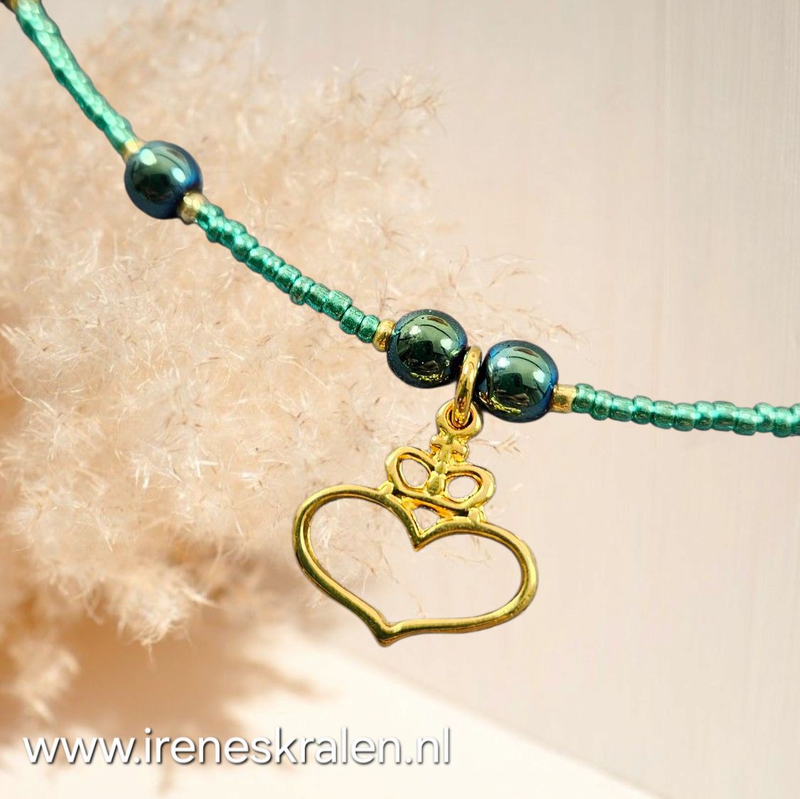 TU0006b: Kettinkje teal glaskraaltjes hematiet