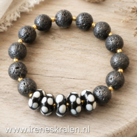 ZW0008: Armband Lampwork, zelfgemaakte glaskralen & lavakralen