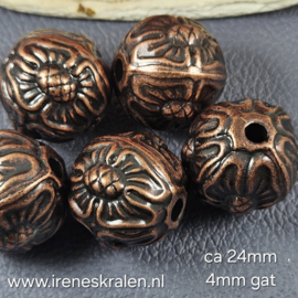 Gd 037: Grote kraal koperkleur rond metallook, ca 24mm