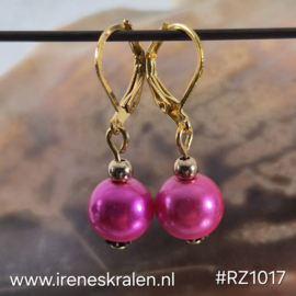 RZ1017: Oorbellen met GlasParels FelRoze 10mm
