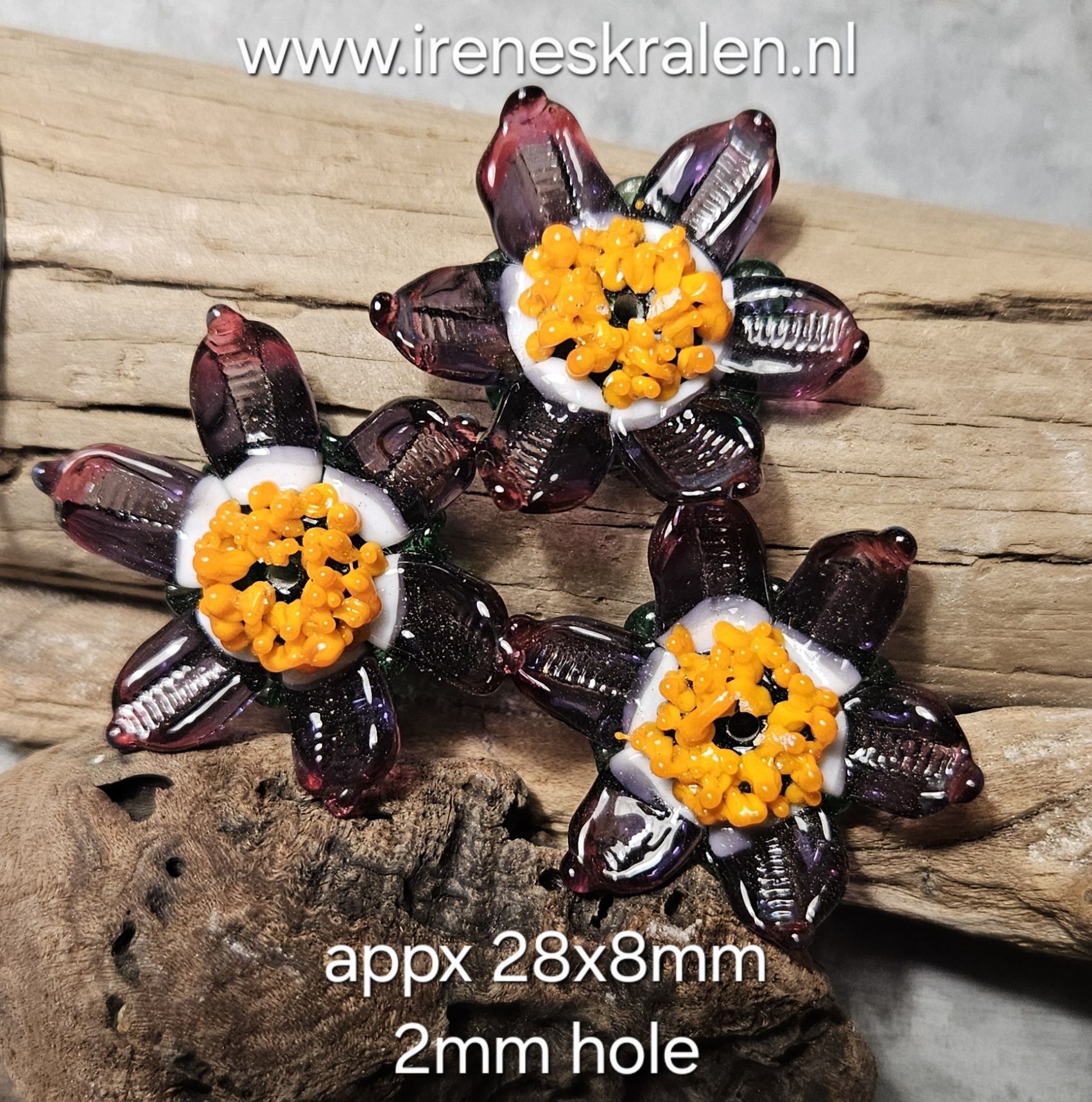 IKPR0015: Set van 3 Bloemen Paars/Roze/Oranje, ca 28x8mm