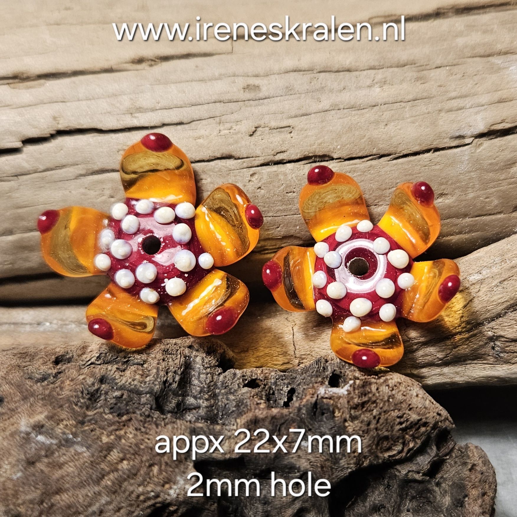 IKOR034: DuoSet Bloemen Oranje/Rood, ca 22x7mm